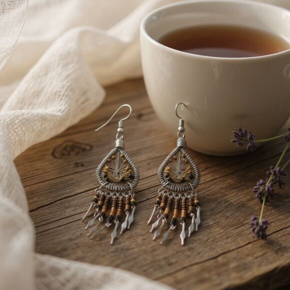 Peruvian Brown Silk Thread Beaded Dangle Earrings New - Picture 3 of 4